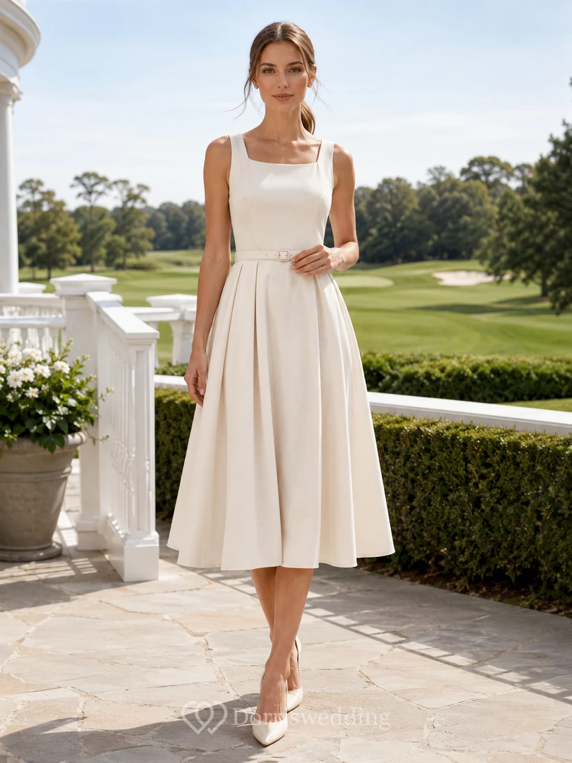 Cremefarbenes, tailliertes A-Linien-Midikleid im Country-Club-Stil mit eckigem Ausschnitt
