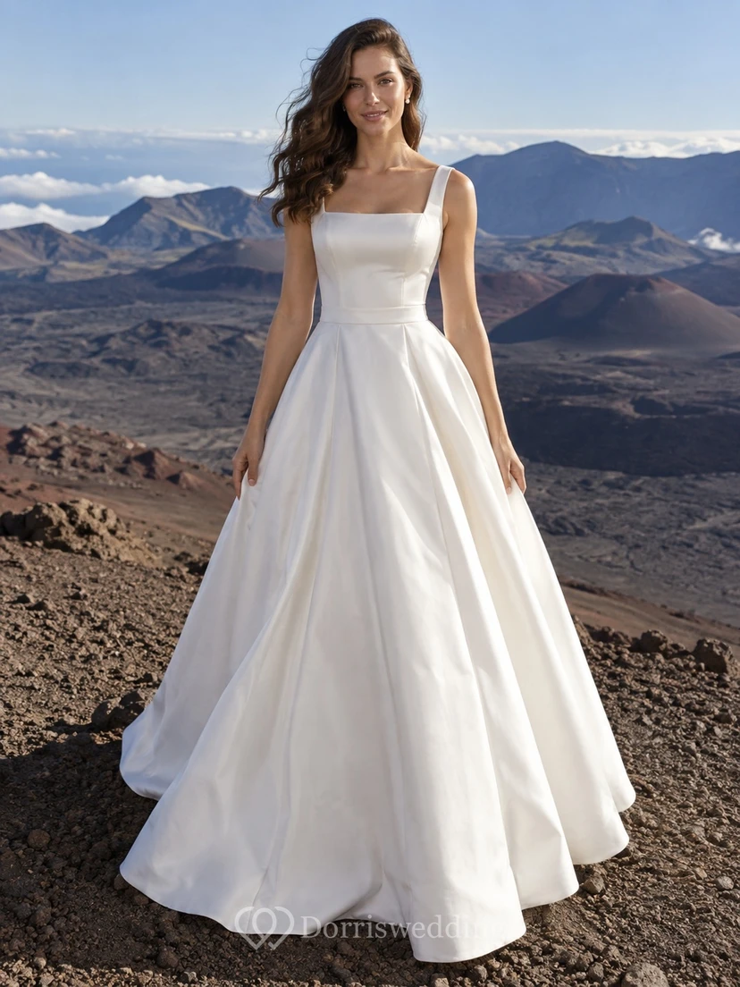Simple Square Neck Sleeveless Smooth Taffeta A-Line Floor Length Wedding Dress
