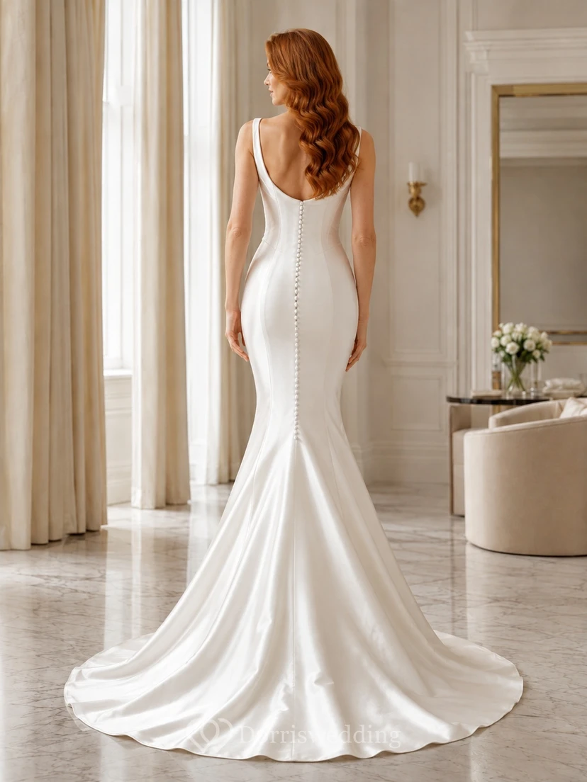Simple Cowl Neck Spaghetti Strap Satin Mermaid Court Train Wedding Dress view 2