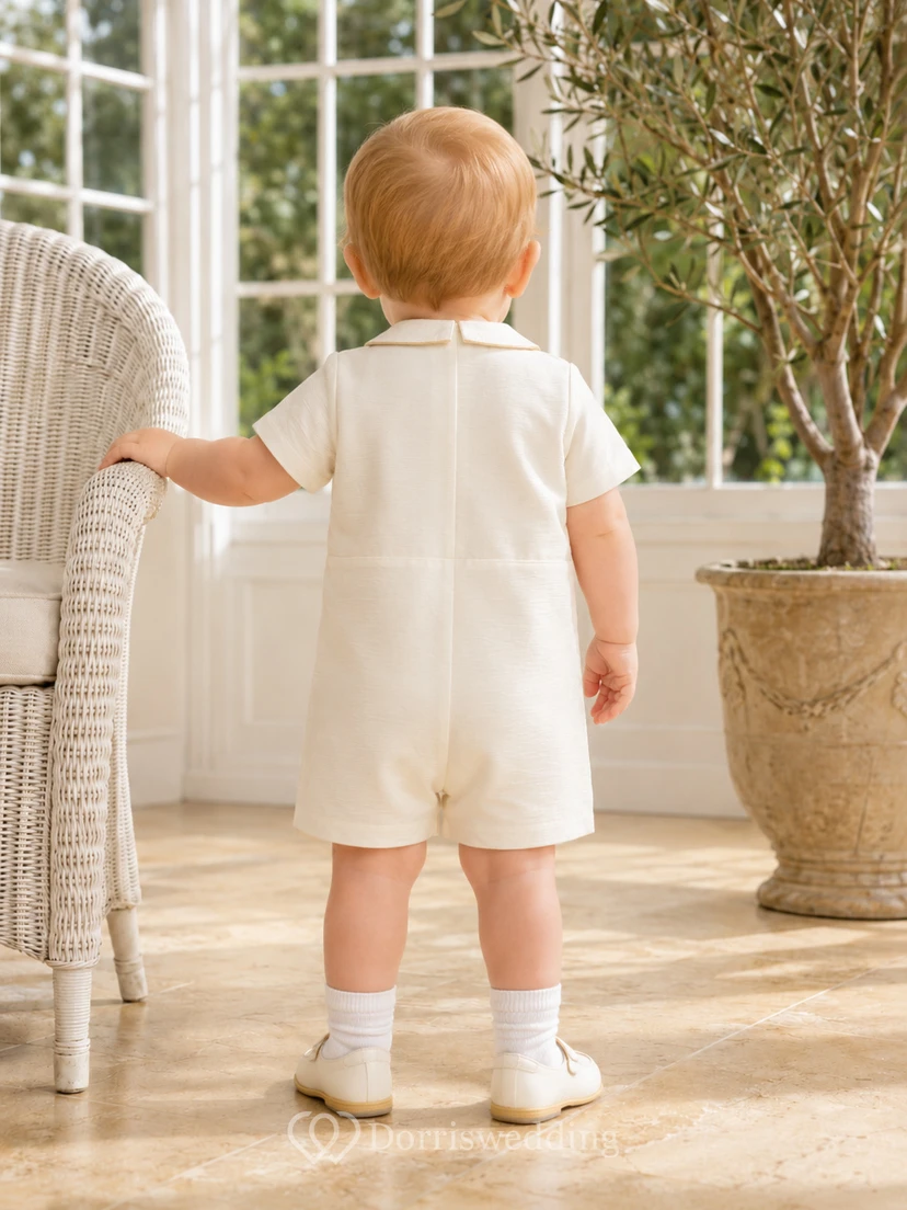 Ivory Pintuck Peter Collar Short Sleeve Baby Blessing Romper for Baby Boy view 2