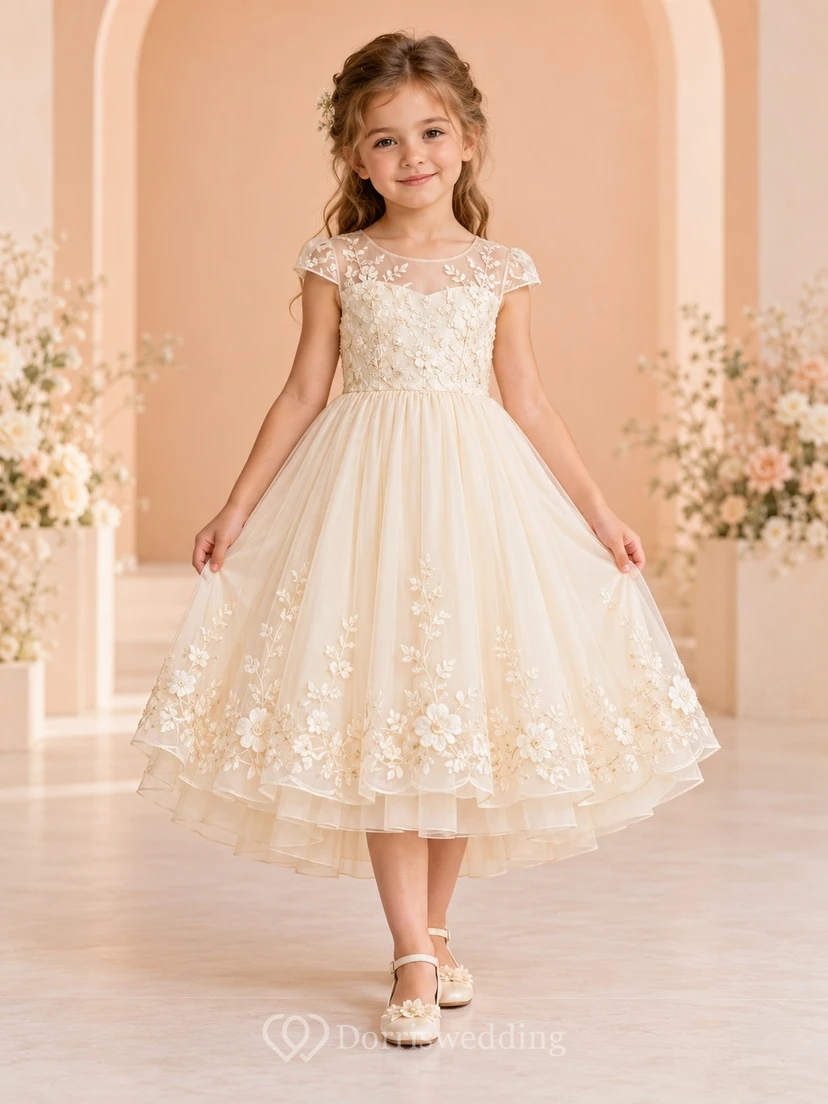 Ivory Illusion Neck Floral Cap Sleeve Flower Girl Dress