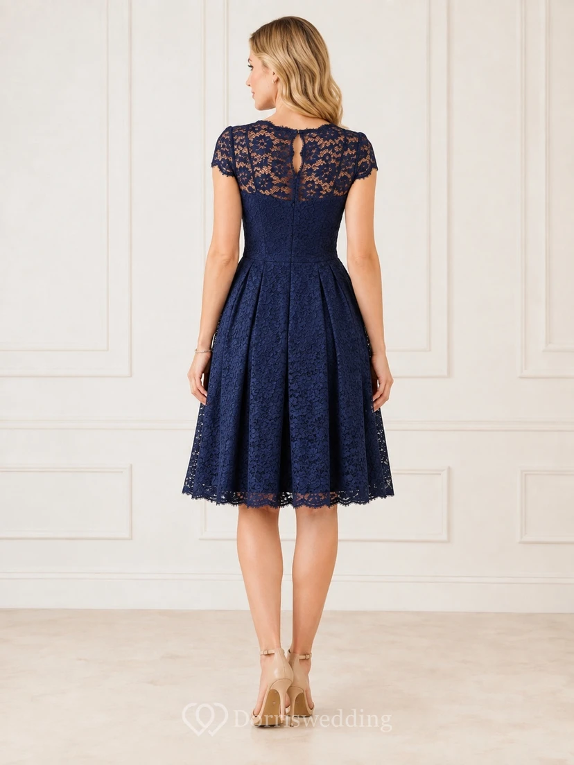 Dark Navy Lace Jewel Neck Cap Sleeve A-Line Knee-Length Dress view 2