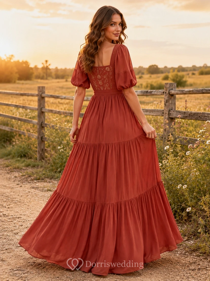 Rust Western Square-Neck Puff-Sleeve Chiffon A-Line Floor-Length Country Dress view 2