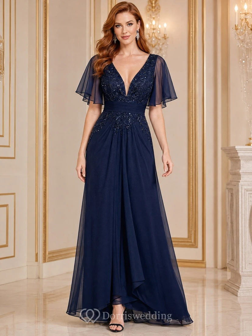 Vestido de noche formal de gasa azul marino oscuro con escote en V, mangas con volantes y detalles de cuentas, corte en A