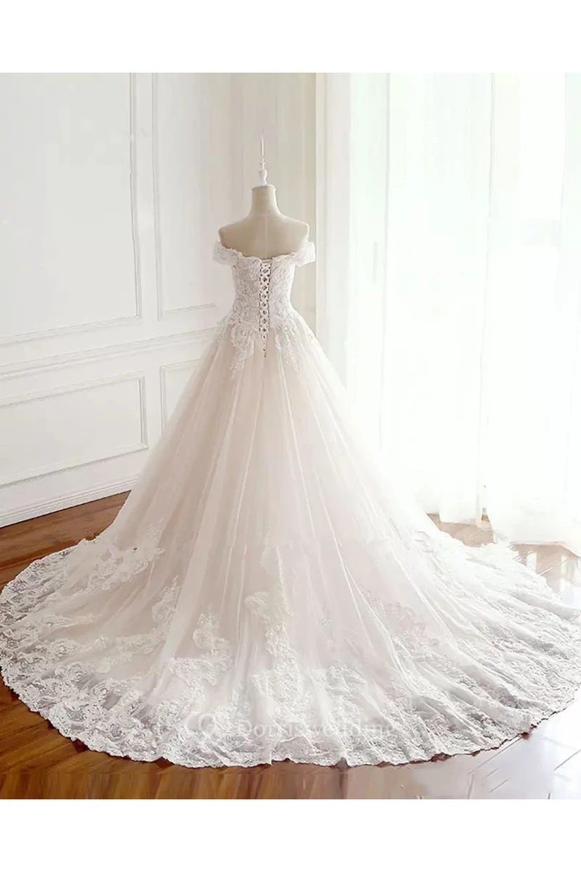 Off-the-shoulder A-line Floor-length Chapel Train Sleeveless Lace Tulle Princess Wedding Dress with Lace-up Back view 4