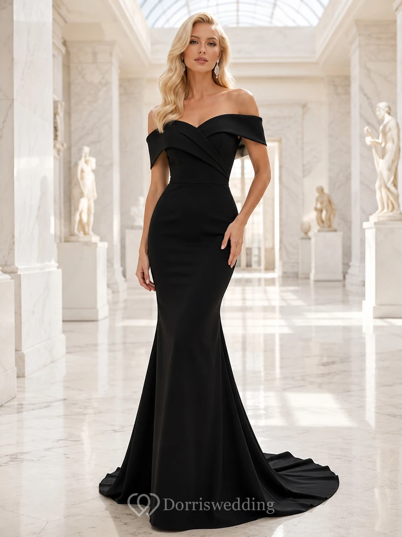 Black off shoulder folded collar mermaid museum gala gown