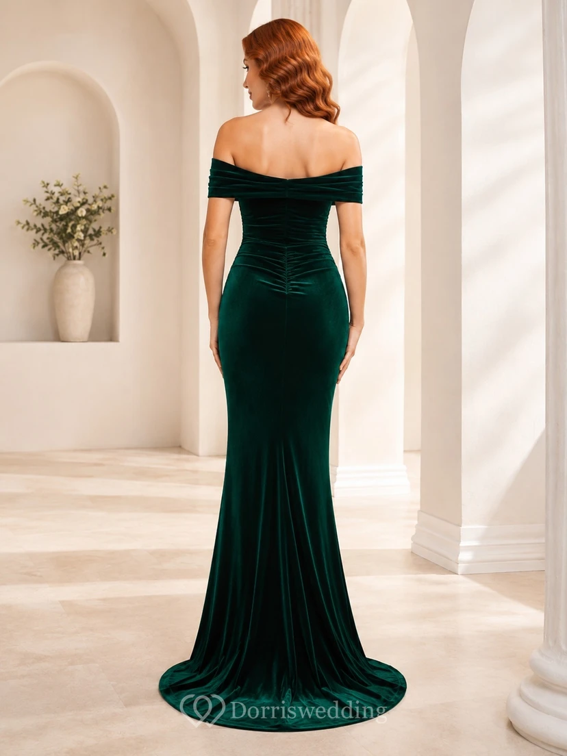 Mermaid Dark Green Off-Shoulder Ruched Velvet Sweep Elegant Formal Gown view 2