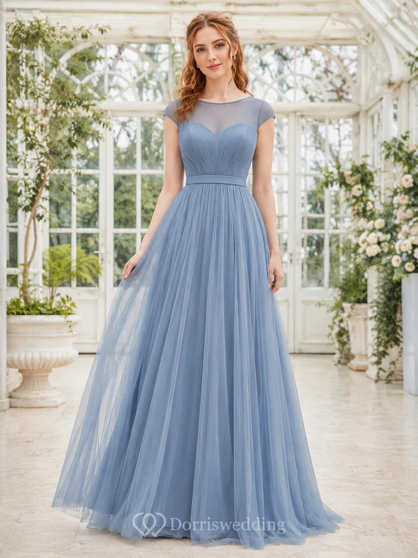 Steel Blue Cap Sleeve Tulle A-Line Dress