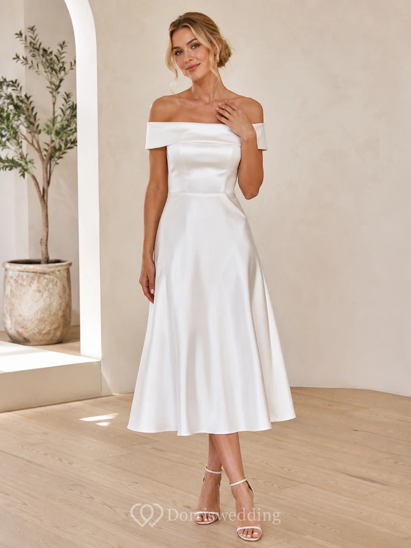 White Off-Shoulder Short-Sleeve Pleated Satin Simple A-Line Tea Cocktail Dress