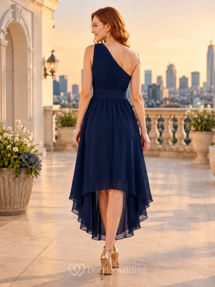 Navy One-Shoulder Draped Chiffon High-Low A-Line Split Party Dress view 2
