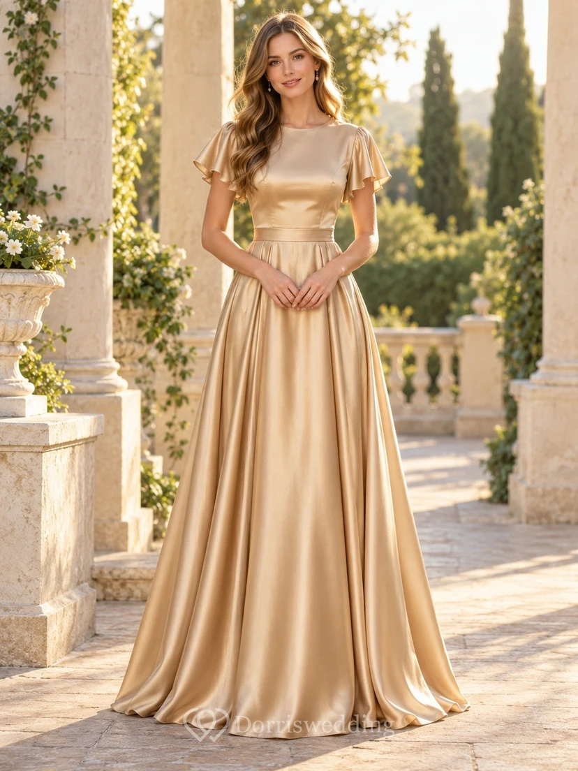Robe de bal en satin ajustée, col bijou doré, manches papillon, style sobre.