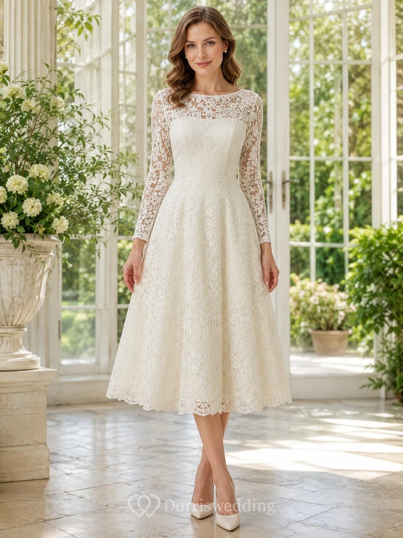 Elegante vestido largo de encaje color marfil con escote barco, mangas ilusión y corte en A, largo hasta la rodilla.