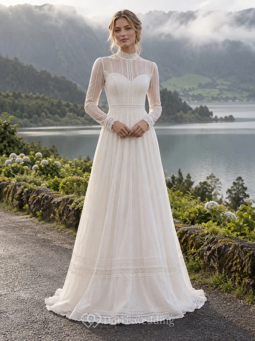 Vestido de novia de corte A con cuello alto, manga larga, encaje y tul con pliegues