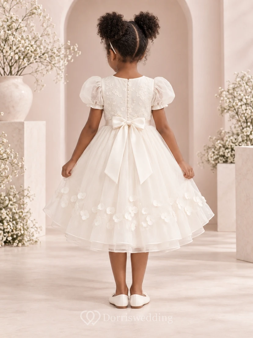 Tea-length Ivory A-line Floral Tulle Puff-sleeve Tiered Bow-back Flower Girl Dress view 2