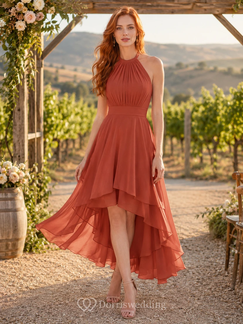 Terracotta halter neck tiered chiffon high low bridesmaid dress