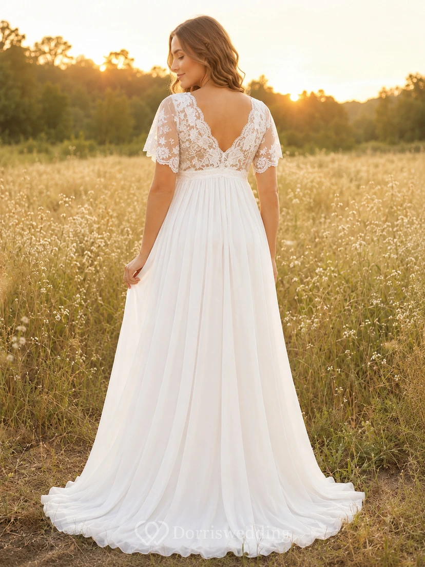 Umstandsbrautkleid mit V-Ausschnitt, flatternden Spitzenärmeln und Landhaus-Brautkleid view 2
