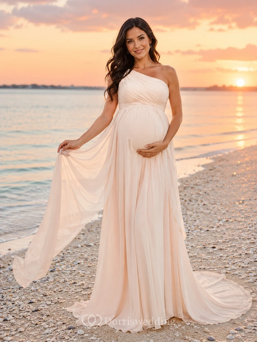 Vestido de novia de gasa drapeado de un solo hombro para la playa, estilo imperio, ideal para embarazadas.