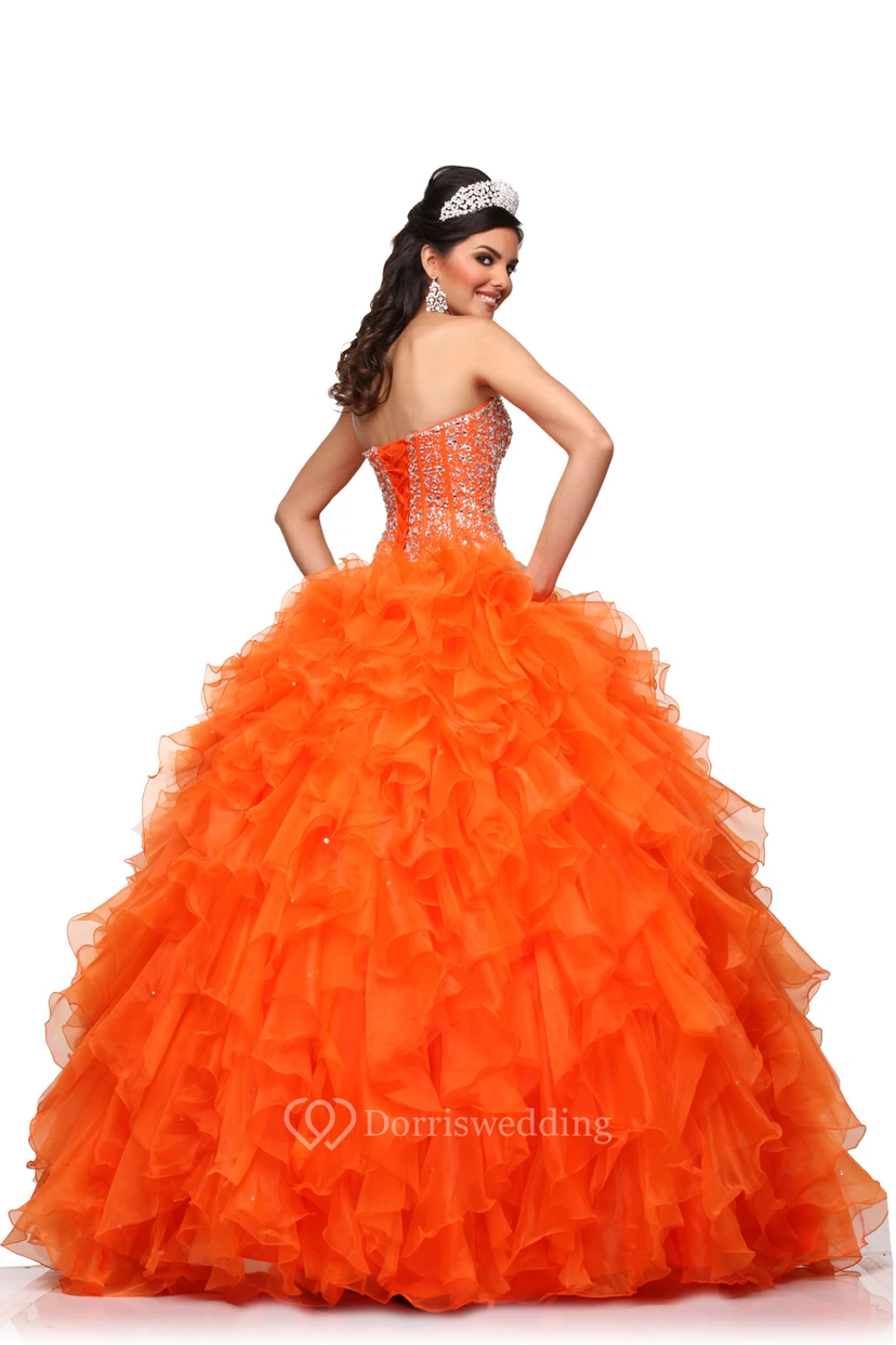 Ärmelloses Chiffon-Ballkleid in A-Linie mit herzförmigem Ausschnitt, Kaskadenrüschen und Kristallmieder view 2