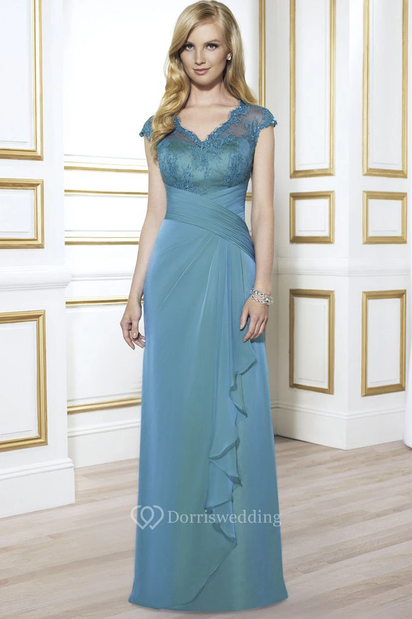 Appliqued Floor-Length Cap-Sleeve V-Neck Satin Formal Dress With Draping