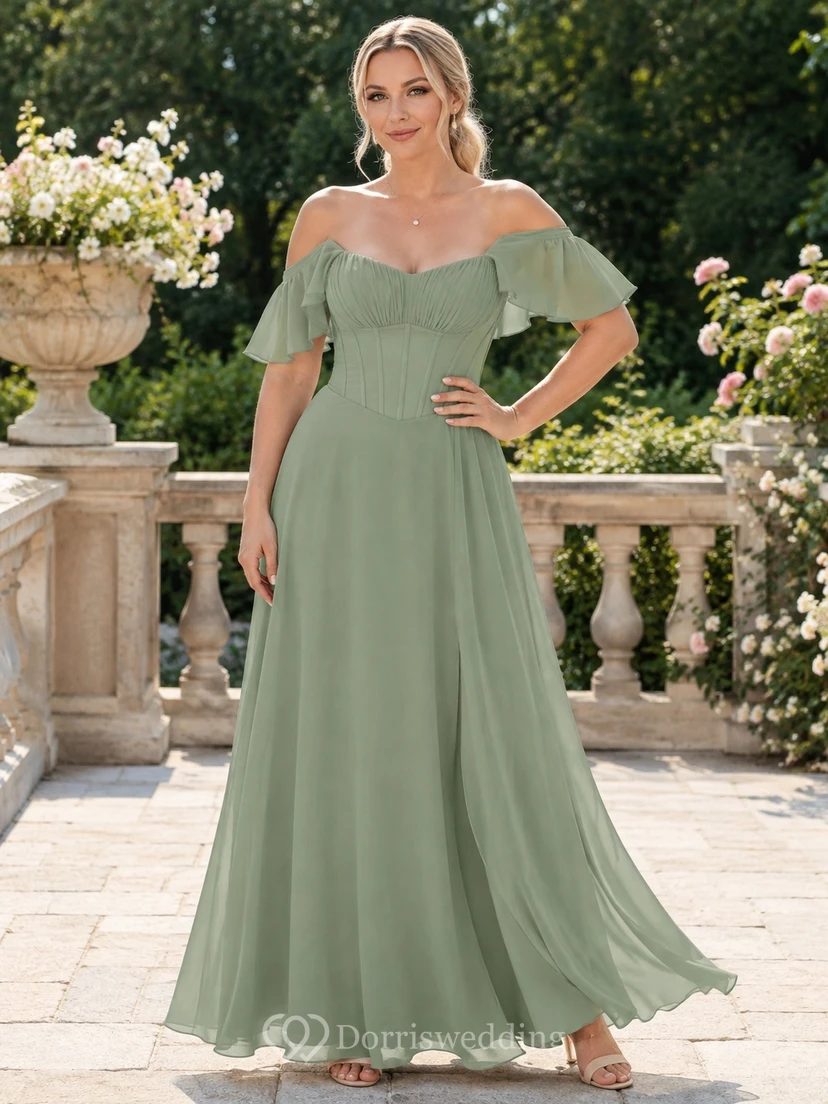 Robe de soirée romantique longue en mousseline de soie sauge, plissée, à épaules dénudées et épaules dénudées