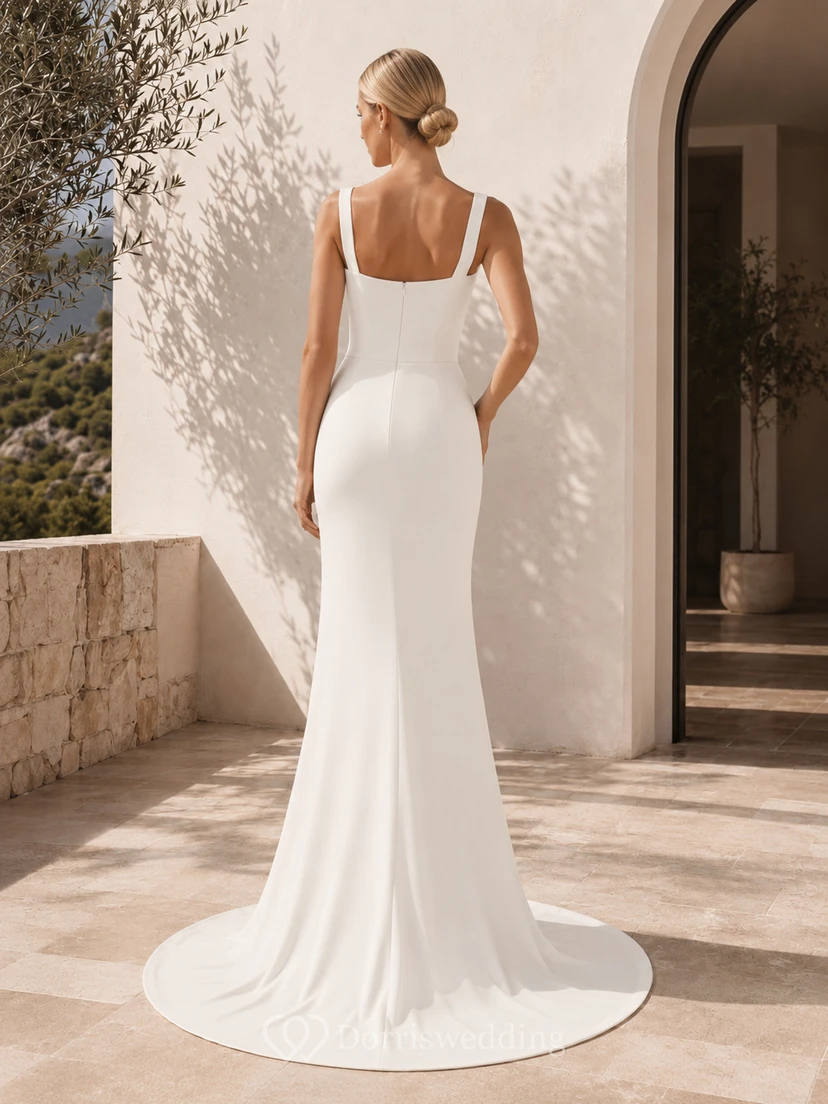 Minimalistisches Brautkleid im Meerjungfrauenstil aus Crêpe mit eckigem Ausschnitt view 2