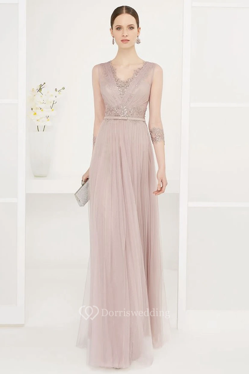 Sheath Sleeveless Beaded Floor-Length V-Neck Tulle Prom Dress