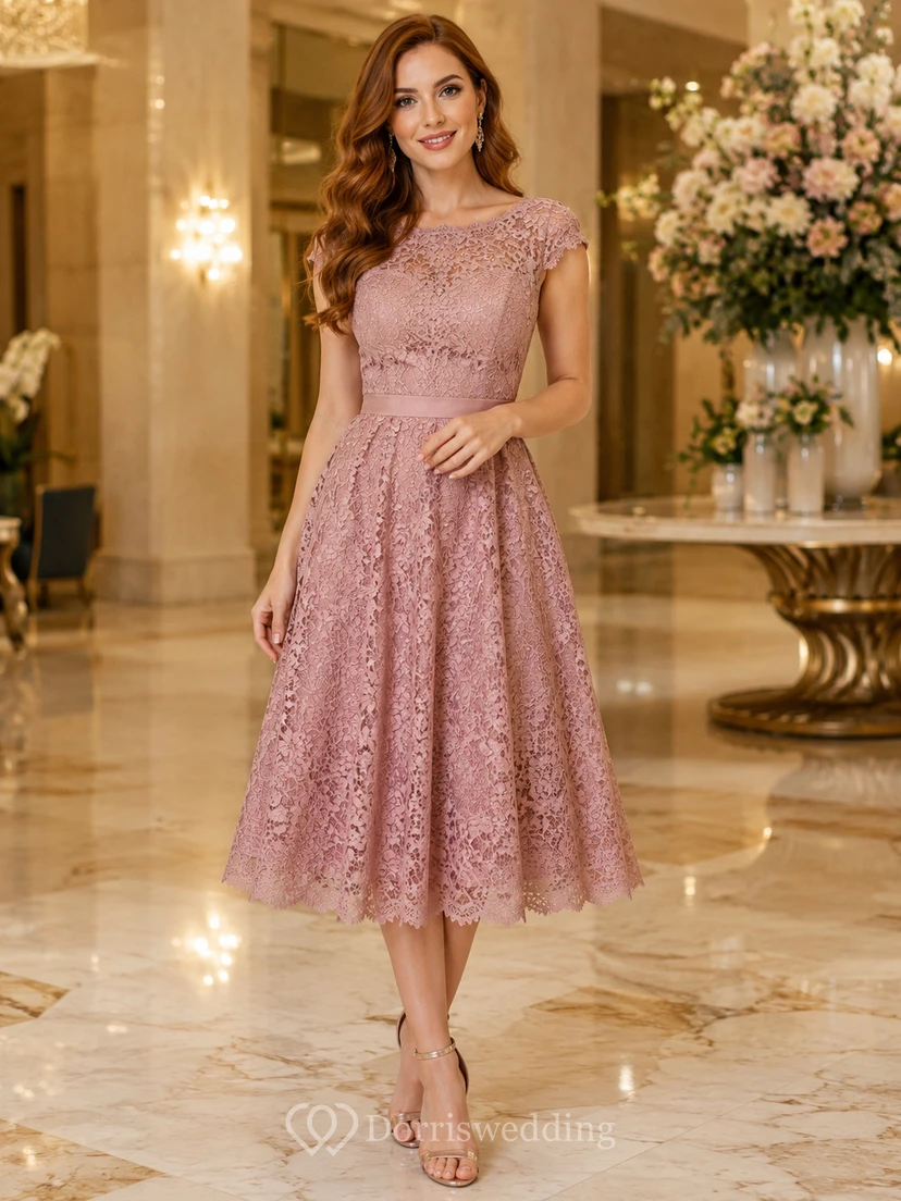 Dusty Rose Bateau Lace Wedding Guest Cocktail Dress