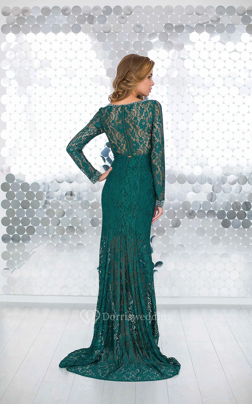 Sheath Floor-Length Jewel Long Sleeve Lace Beading Pleats Illusion Dress view 2