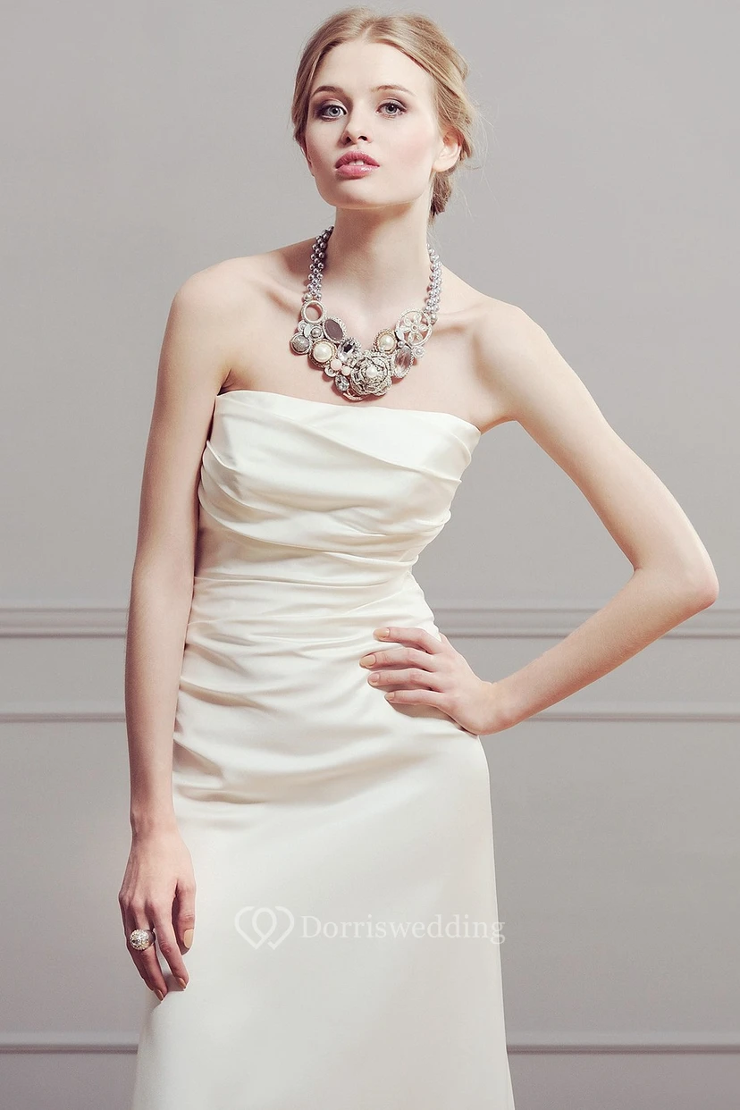 Sheath Strapless Floor-Length Ruched Sleeveless Satin Wedding Dress view 2