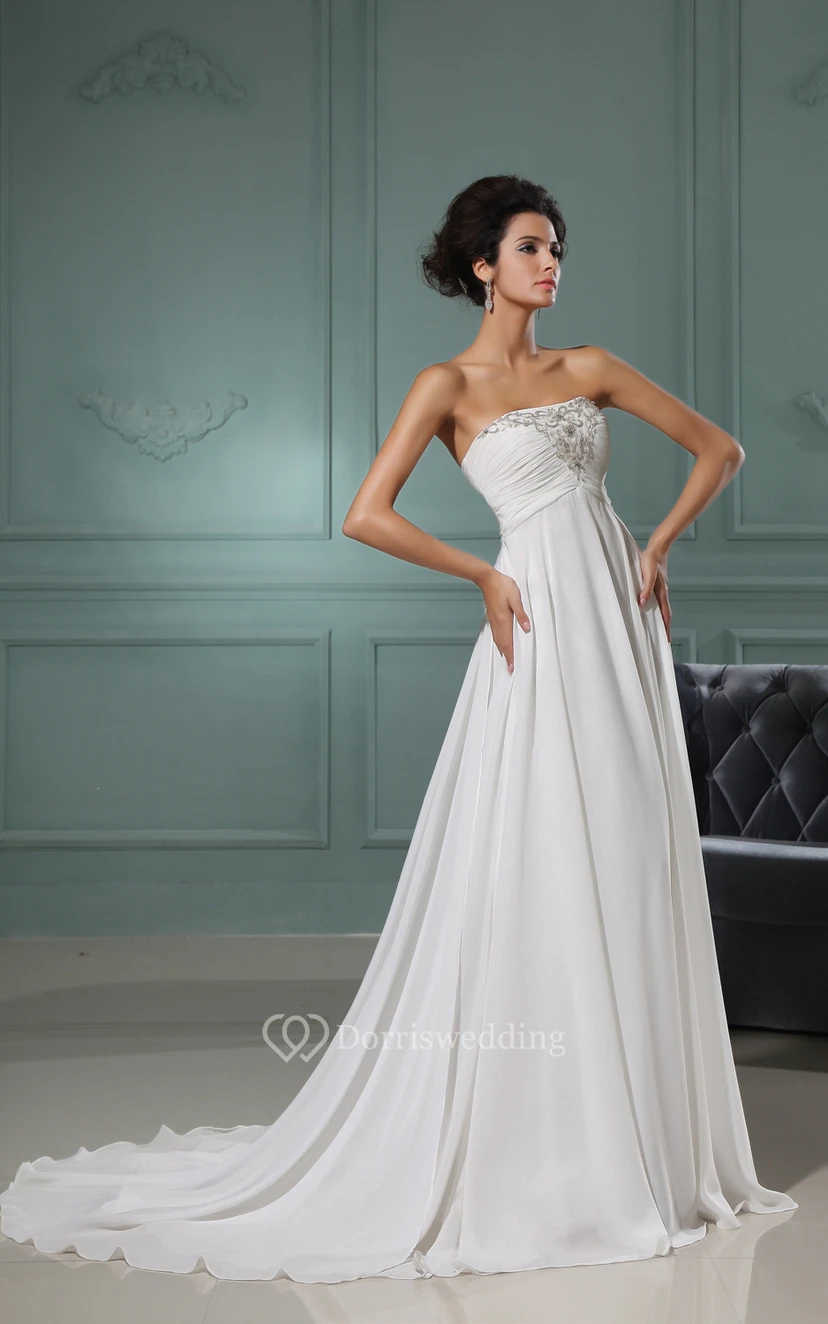 Strapless A-Line Chiffon Dress With Ruching Bodice and Applique view 3