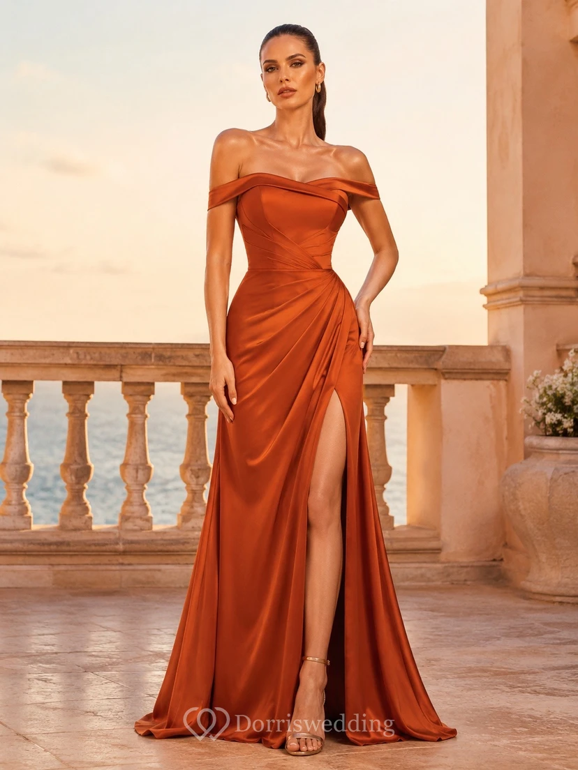 Sexy Burnt Orange Satin Mermaid Floor-Length Off-Shoulder Split Front Dress