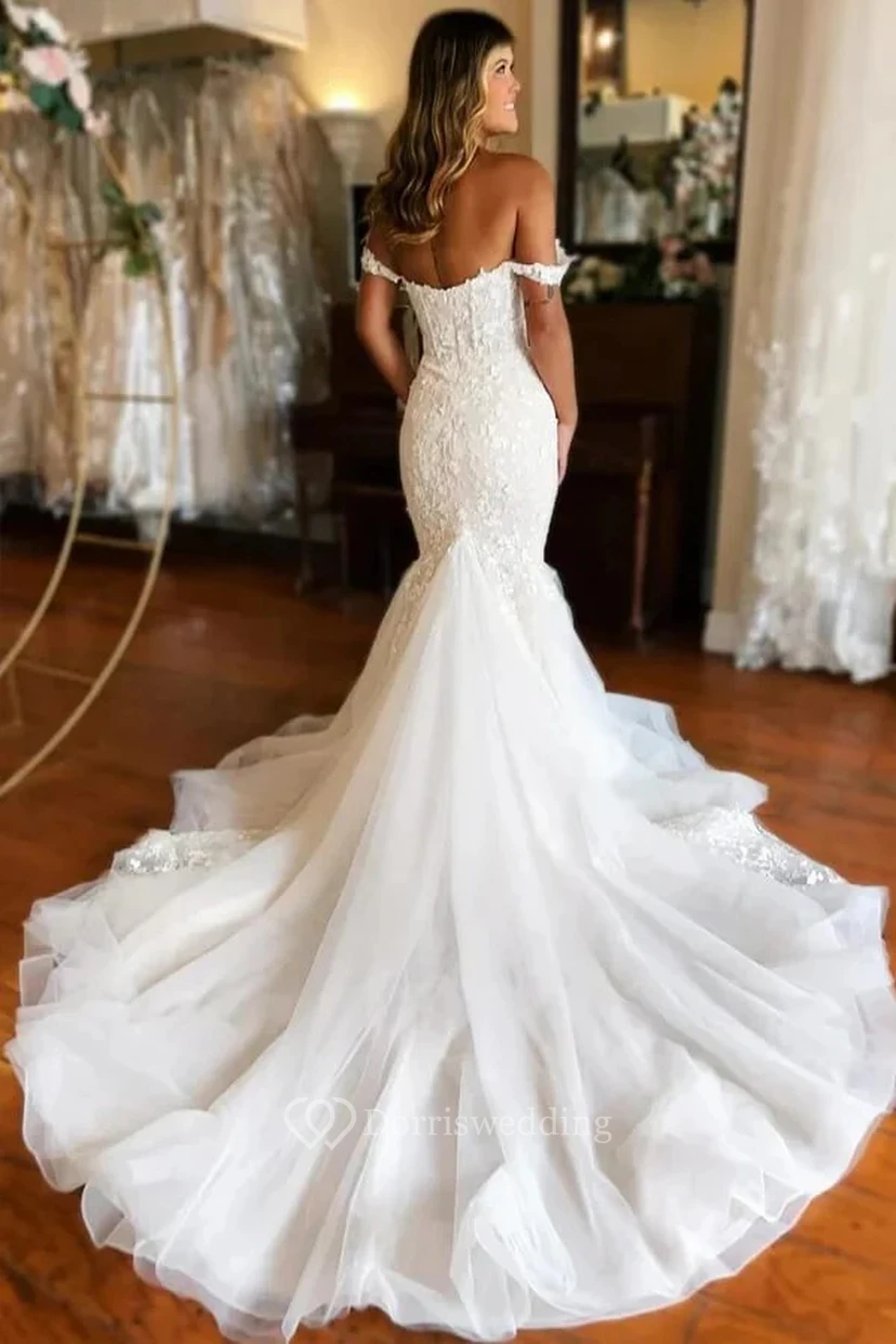 Lace Mermaid Queen Anne Tulle Low-v Back Wedding Dress view 2