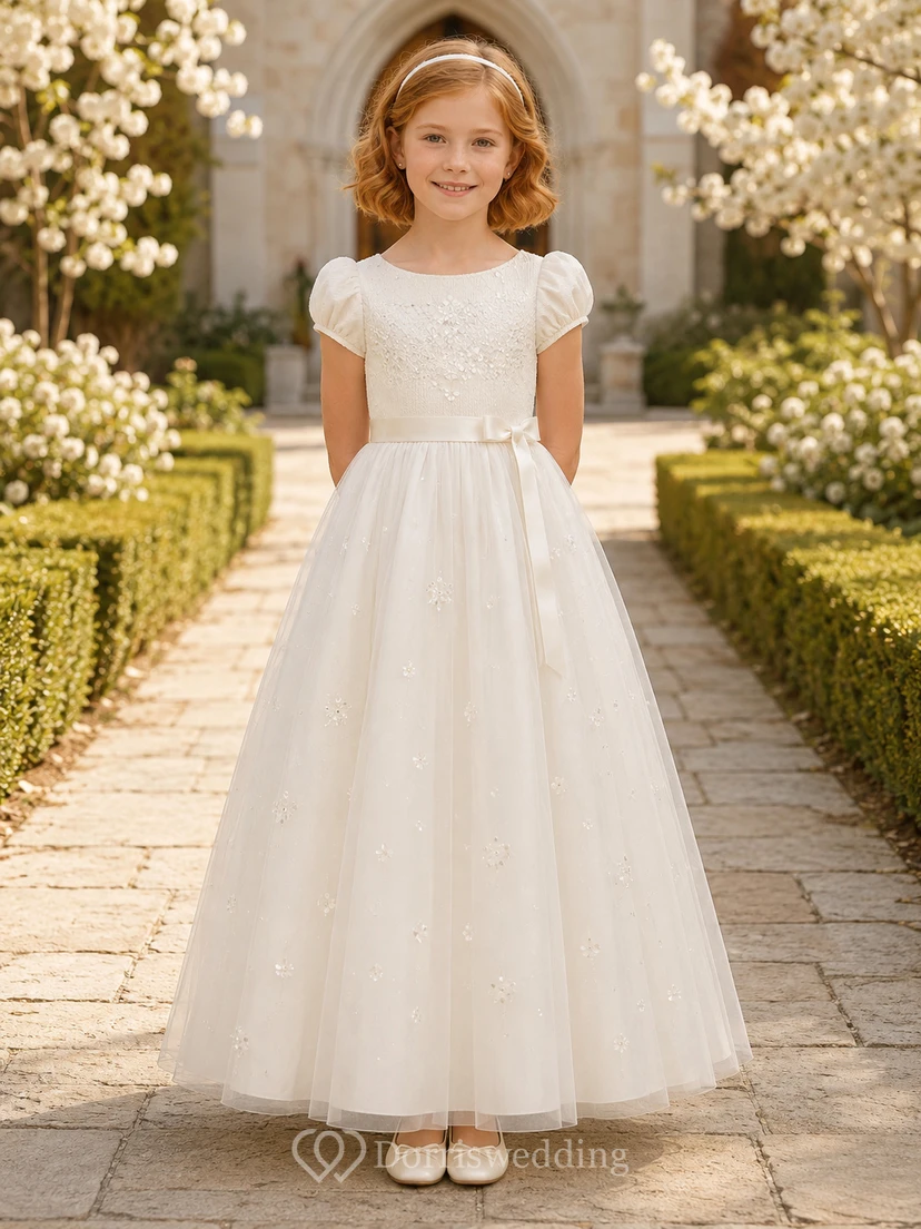 Weißes Pailletten-Tüllkleid mit Rundhalsausschnitt, kurzen Puffärmeln und knöchellangem Pailletten-Tüllkleid für Kommunionmädchen