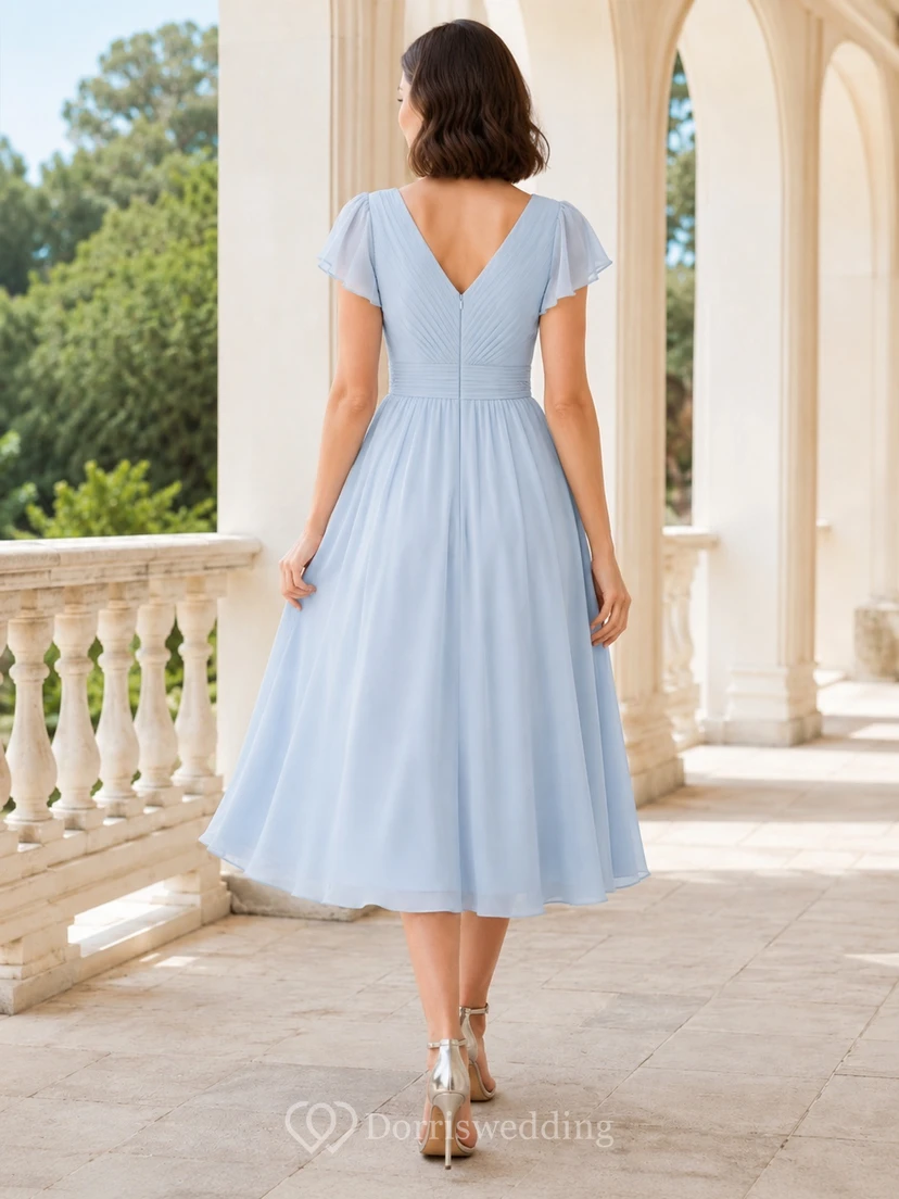 Romantic Sky Blue V Neck Flutter Sleeve Chiffon Tea Length Dress view 2