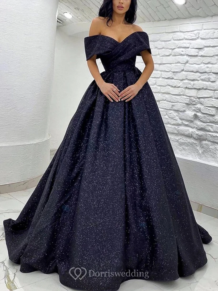Robe de bal noire à sequins, épaules dénudées, coupe trapèze