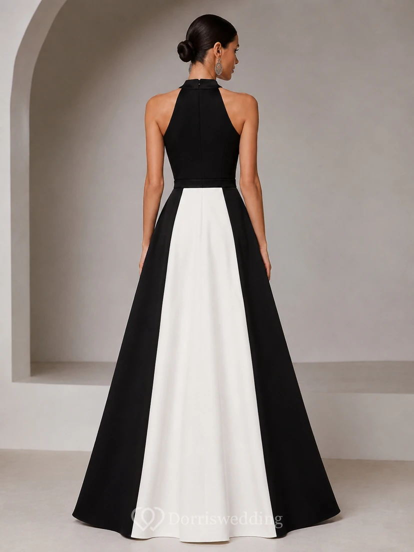 Robe de soirée trapèze en satin, dos nu, sans manches, à plis color block, longueur au sol view 2