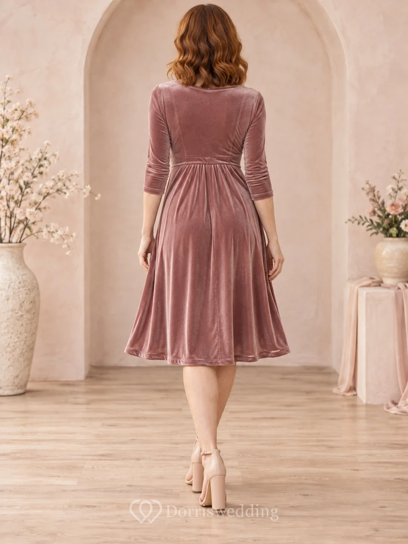 Dusty Rose V-neck Three Quarter Sleeve Ruched Velvet Midi Dress view 2