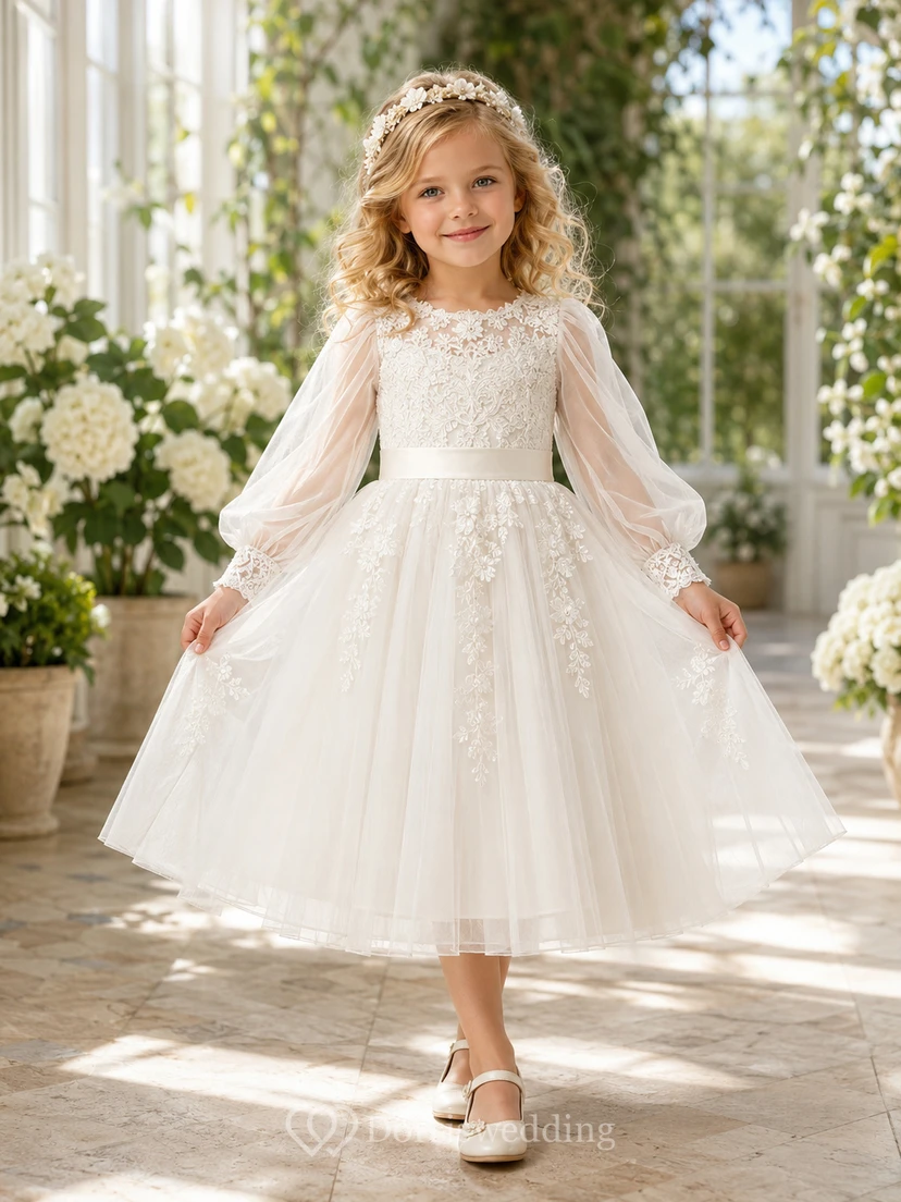 Lace Bishop Sleeve Tea-Length A-Line Flower Girl Garden Wedding Tulle Dress