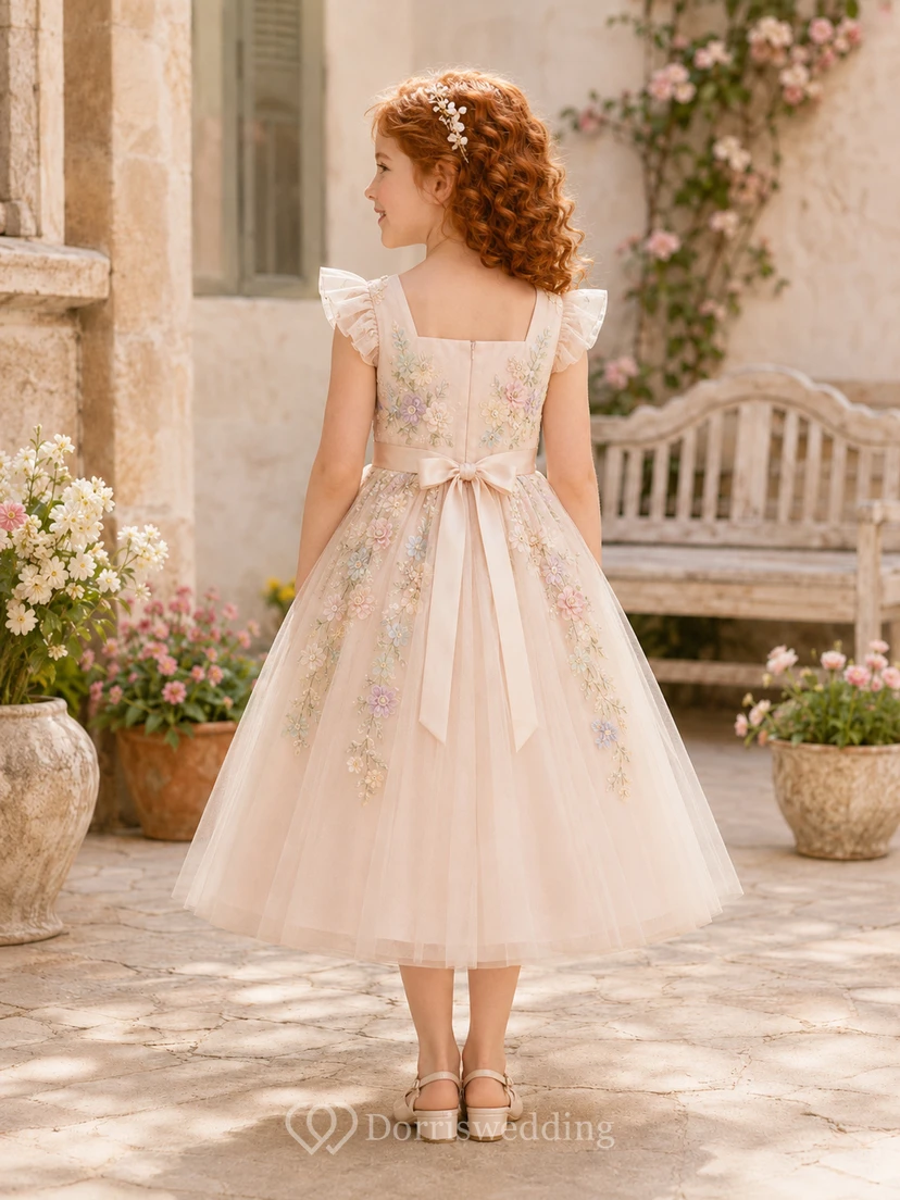 Pastellfarbenes, floral besticktes Prinzessinnenkleid in Teelänge, A-Linie, Tüll, eckigem Ausschnitt und kurzen Ärmeln für Blumenmädchen view 2