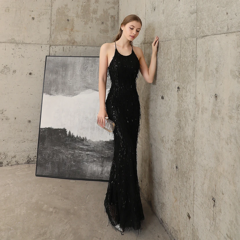 Vestido de noche elegante con borla de hilo de seda de poliéster y lentejuelas estilo cola de pez para banquetes, reuniones y eventos. Ideal para anfitriones. Modelo de coche. Otoño. view 38