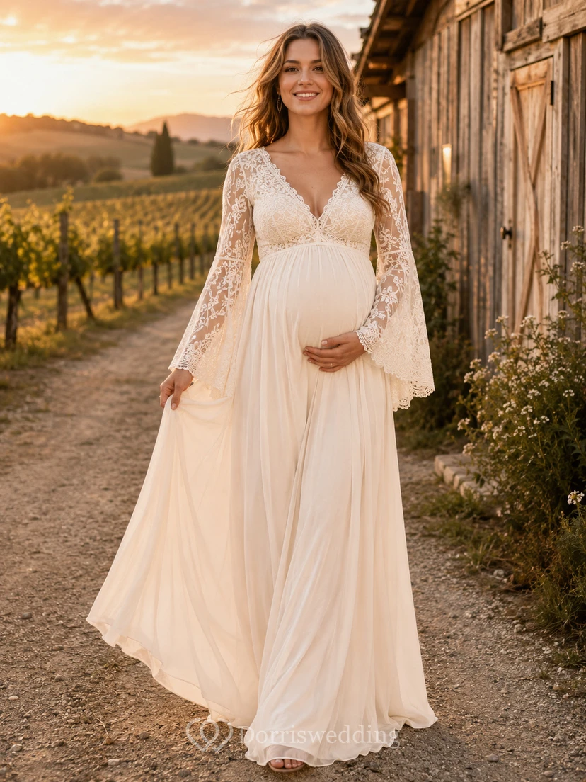 Vestido de novia premamá de manga larga con escote en V y encaje, estampado de viñedos.