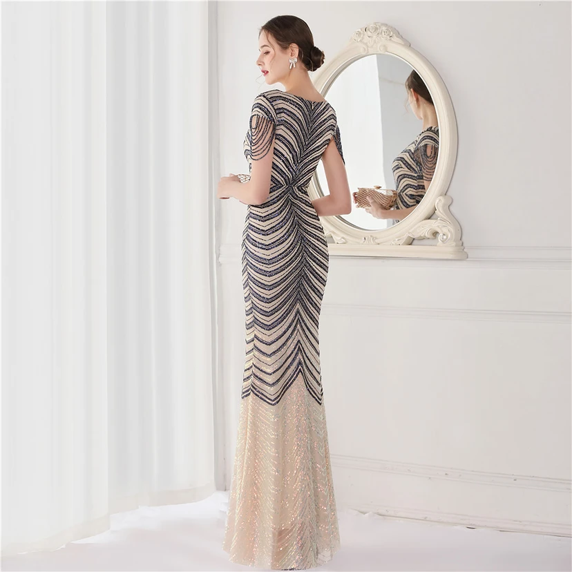 Paillettenbesetztes, handwerklich perfekt gefertigtes, perlenbesetztes Party-Abendkleid – sexy langes Kleid für die Braut view 29