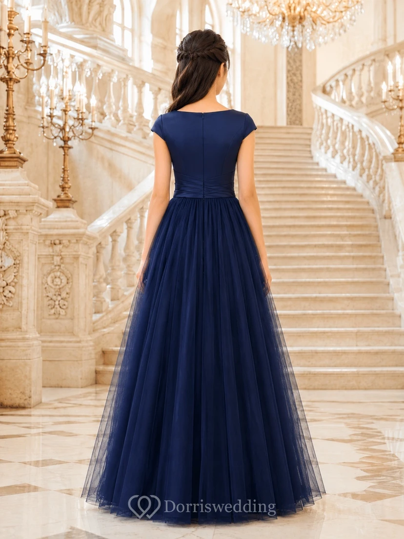 Dunkelblaues Brautjungfernkleid im A-Linien-Stil mit Schmucksteinen, kurzen Flügelärmeln, elegant view 2