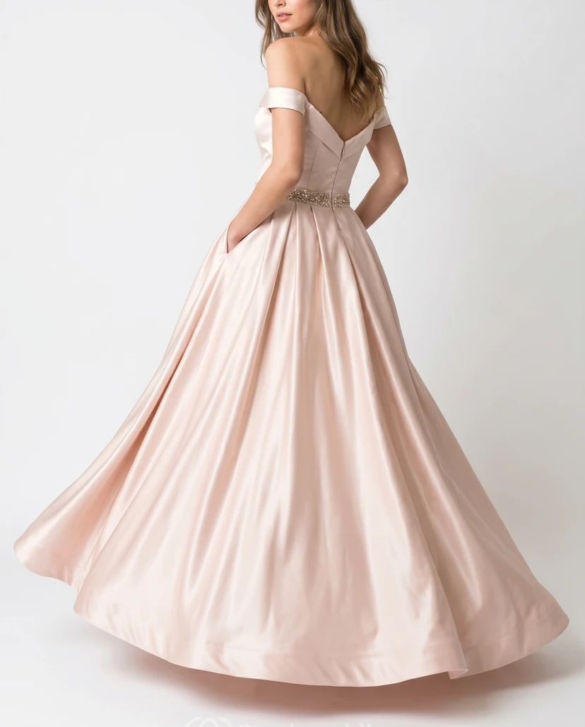Ballkleid aus rosafarbenem Satin mit schulterfreiem A-Linien-Schnitt und Perlenbesatz an der Taille view 2