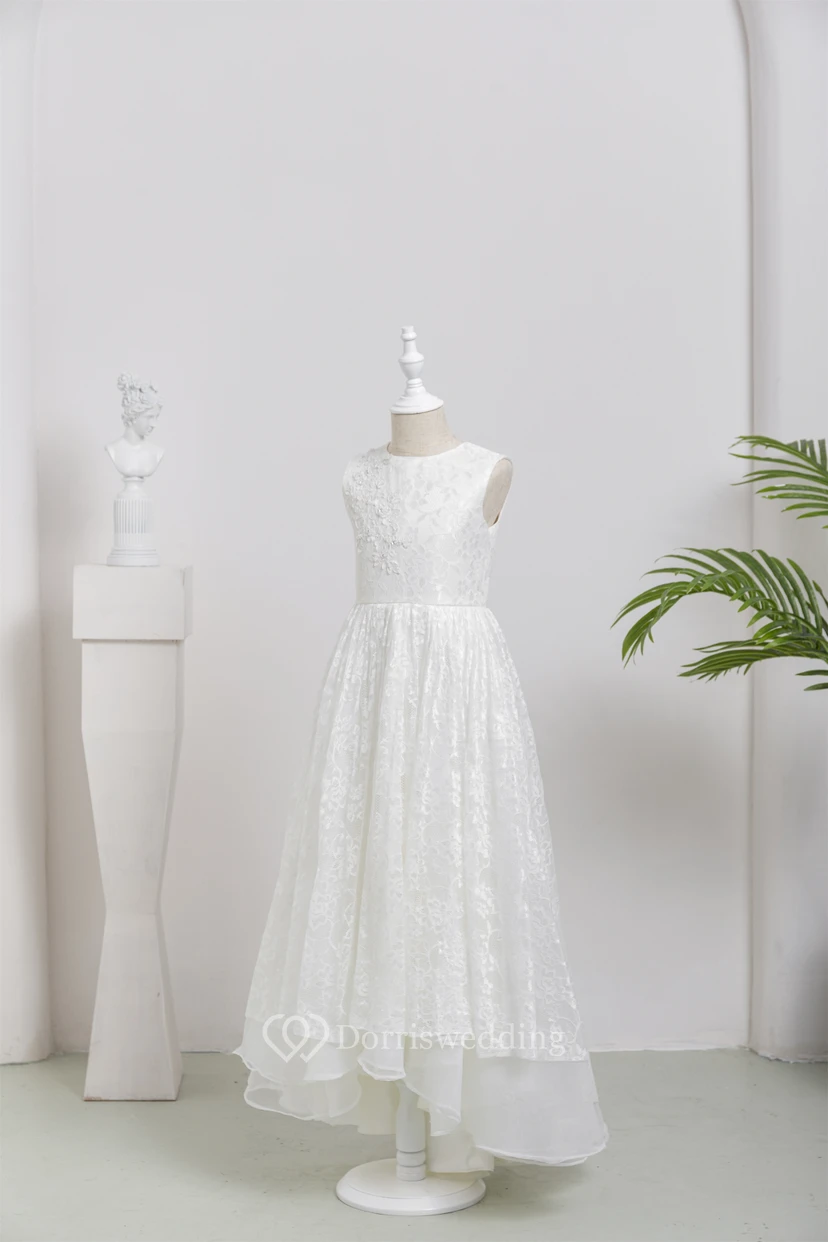 First Communion White Lace Long Layered Flowergirl Dress view 4
