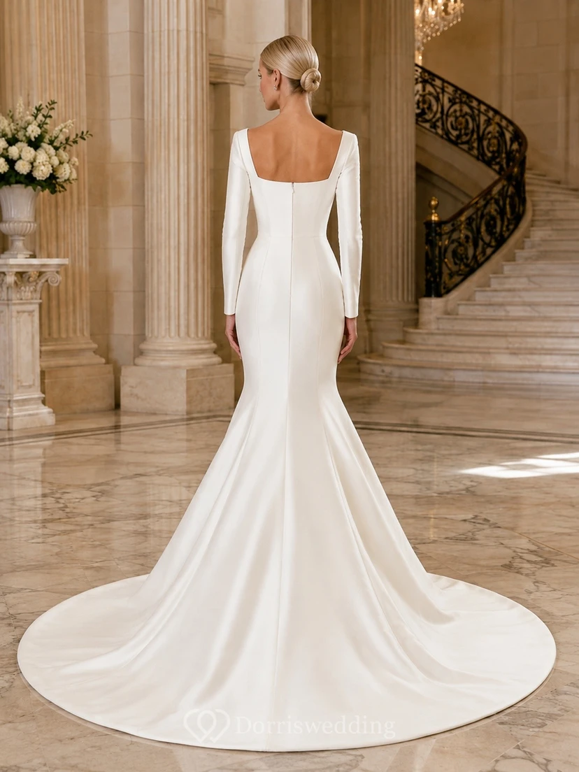 Vestido de novia minimalista de corte sirena con escote cuadrado, manga larga y cola larga. view 2