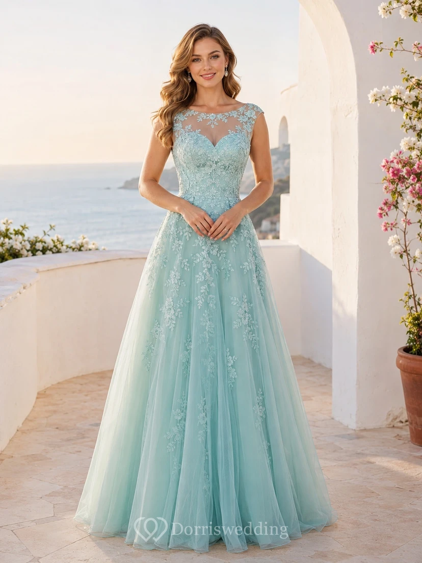 Mintgrünes, bodenlanges Brautkleid aus Illusion-Bateau-Spitze und Tüll in A-Linie