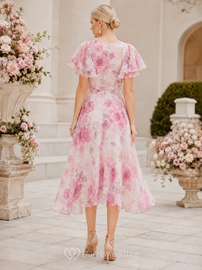 Blushing Pink Floral V Neck Ruffle High Low Guest Dress view 2