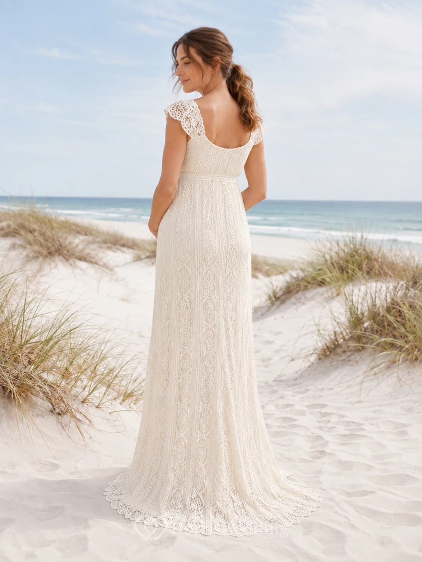 Vestido de novia premamá con escote cuadrado, mangas cortas, encaje integral y falda larga hasta el suelo. view 2