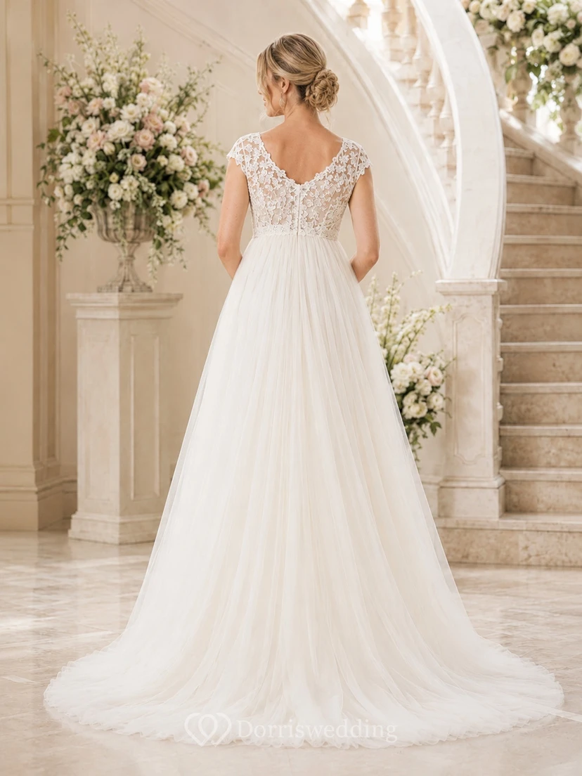 Maternity Lace Cap Sleeve Pleated A-Line Floor-length Wedding Gown view 2